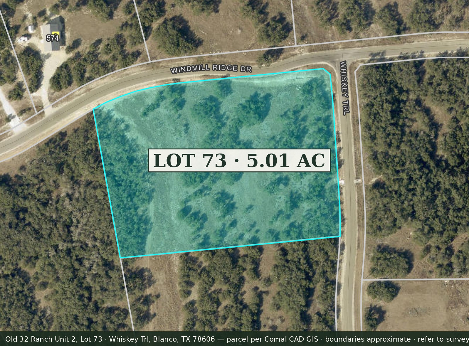 Aerial parcel map showing the approximate five-acre boundary at Whiskey Trl and Windmill Cv