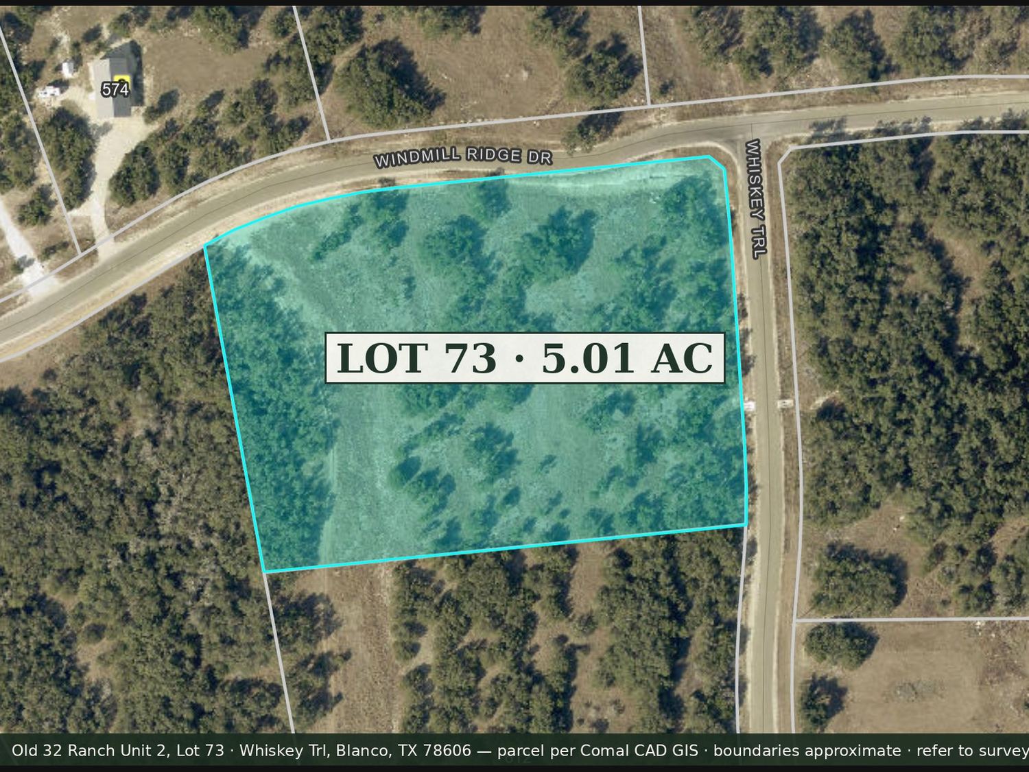 Parcel map showing the approximate five-acre boundary of Lot 73 at Whiskey Trl and Windmill Ridge Dr